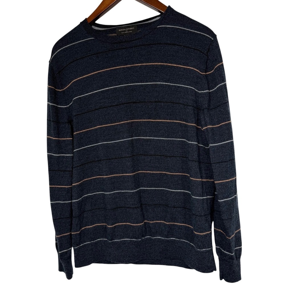Banana Republic Mens Large 100% Merino Wool Striped Crew Neck Sweater Blue FA19